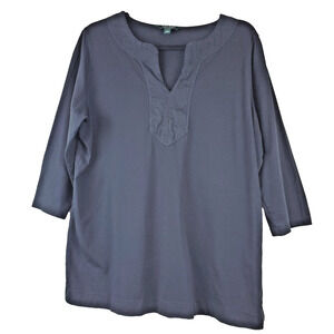 Lauren‎ Ralph Lauren Womens Top 1X Plus Size Cotton Linen Popover Black Pullover